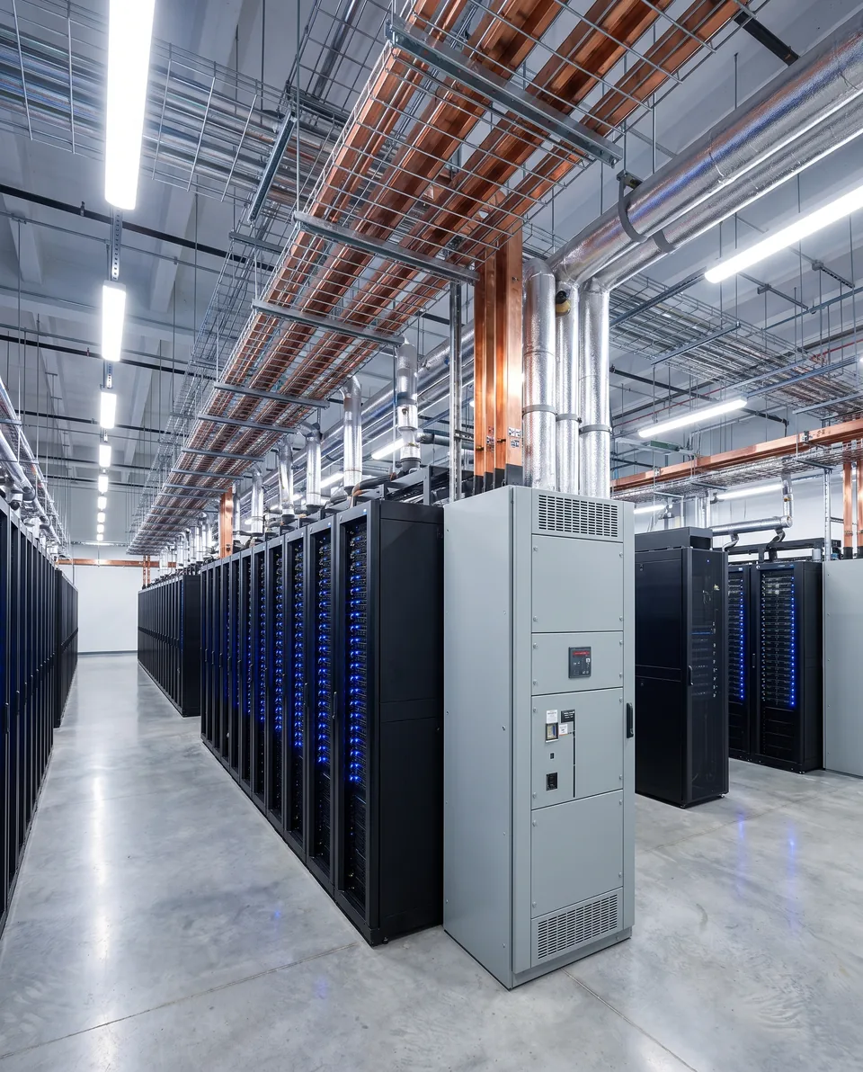 Data center server hall with overhead power busways and liquid cooling pipes