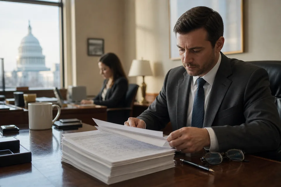 A staffer reads through a stack of financial disclosure forms in an office overlooking the US Capitol