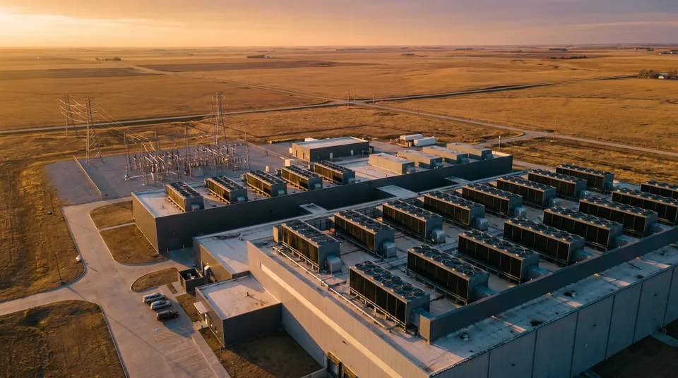 Aerial view of a data center campus with an electrical substation beside it