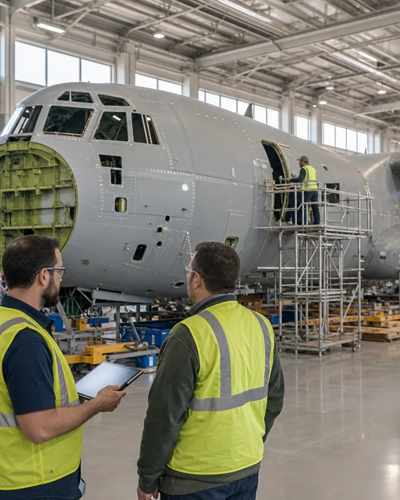 Engineers inspect an aircraft fuselage on scaffolding inside a large aerospace assembly hangar