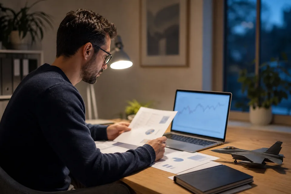 An investor compares printed fund fact sheets at a desk beside a small model jet