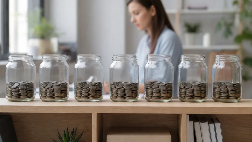 A row of identical glass jars each filled with coins to the same level