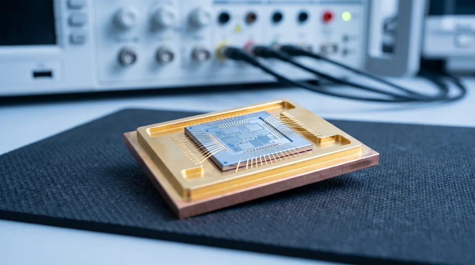 Quantum processor chip mounted in a gold sample holder on a laboratory bench