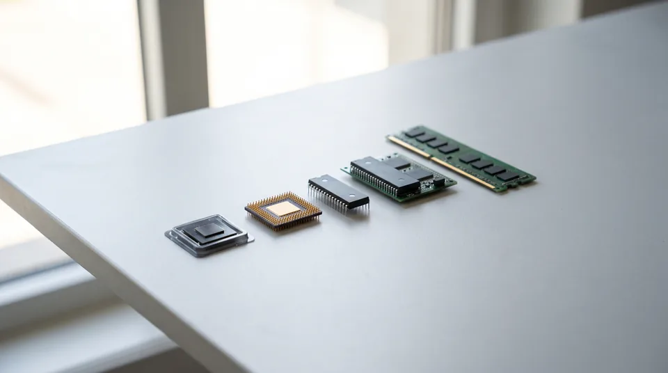 A lineup of different computer chips arranged for comparison