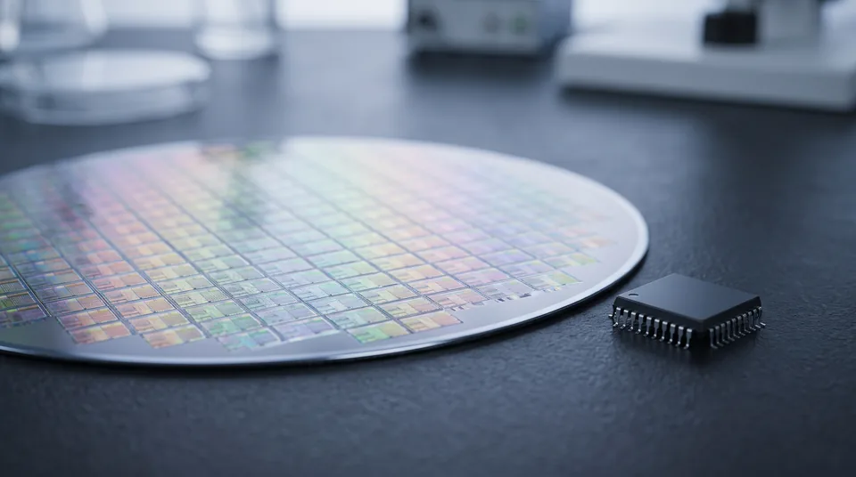 Silicon wafer with chip dies next to a packaged processor
